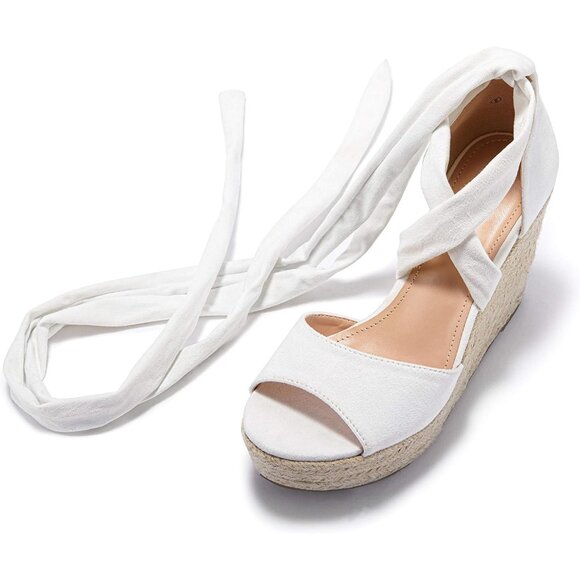 Women's White Wedges Open Ankle Strap Toe Tie Lace Up Sandals Heels Shoes - Picture 4 of 4